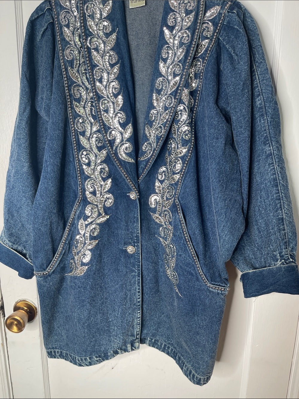 Vintage Denim Sequins Jacket 80s Large Beaded Cotton Long Length Golden Girls L - Picture 5 of 16